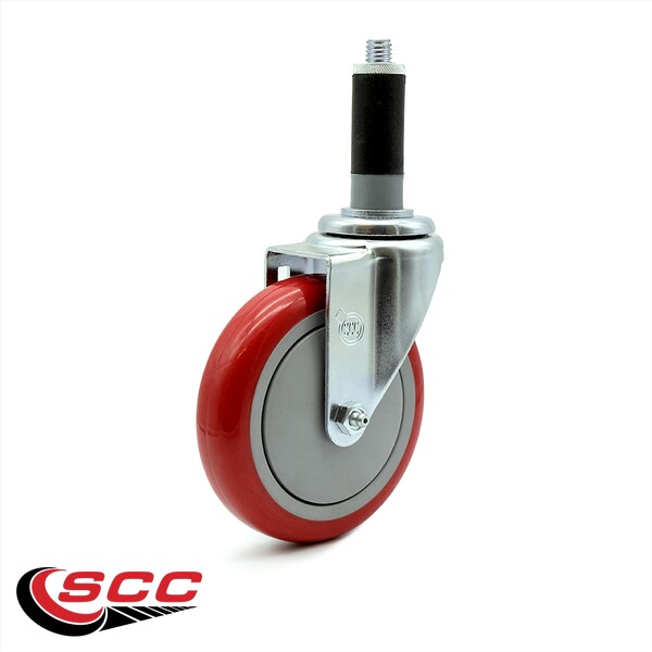 5 Inch Red Polyurethane Wheel Swivel 1-1/8 Inch Expanding Stem Caster SCC